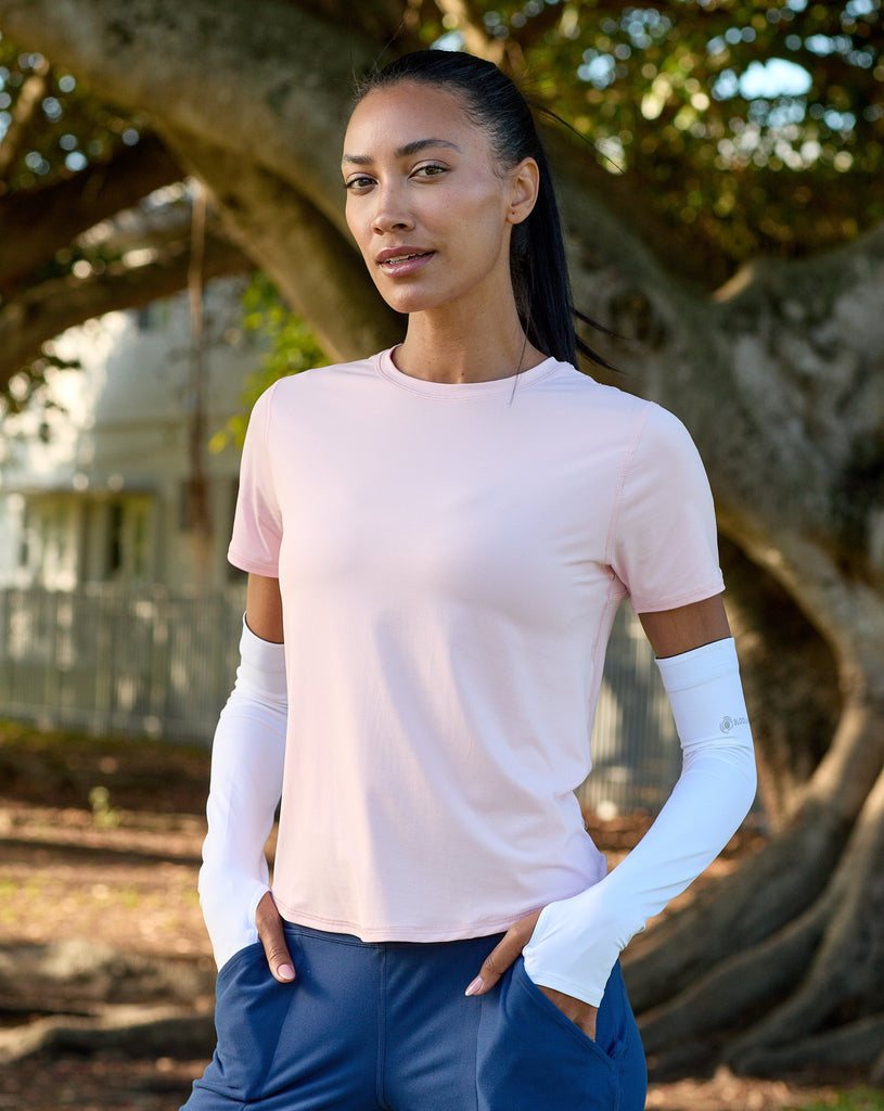 Women at the park wearing white color unisex sleeves with short sleeve tickle me pink crew. (Style 5005) - BloqUV