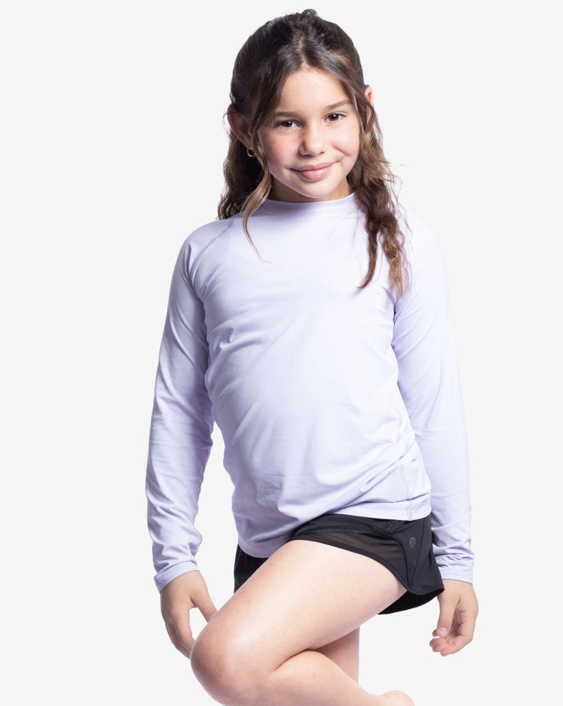 Girl wearing lavender color top with exercise shorts. (Style 1005K) - BloqUV
