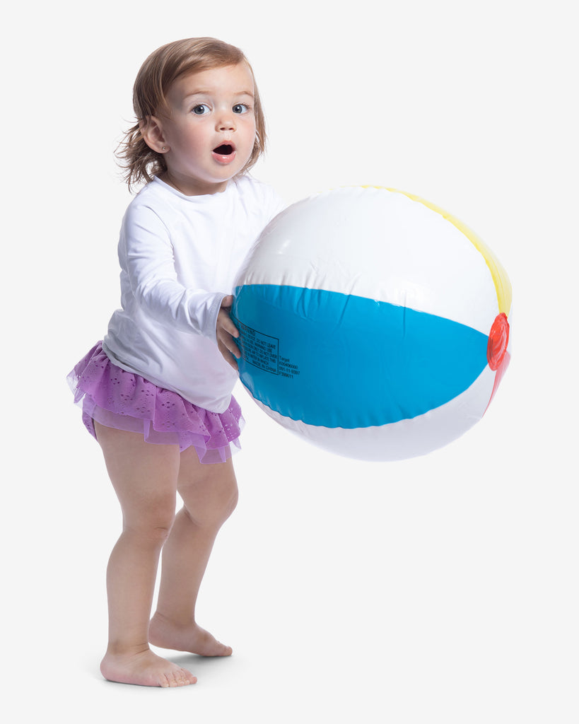Toddler girl wearing white crew neck top with beach bal. (Style 1005T) - BloqUV