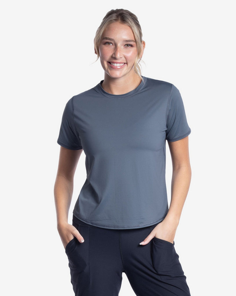 Women wearing smoke short sleeve crew top with black joggers tights.  (Style 1101) - BloqUV