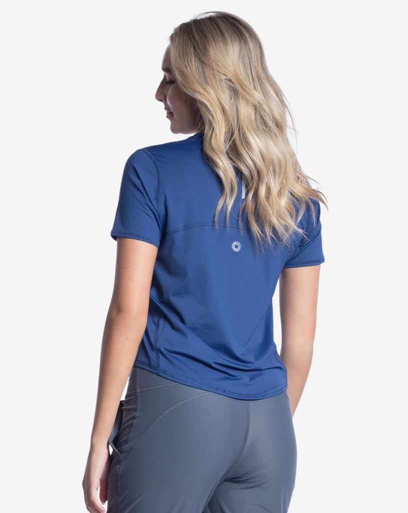 Women wearing navy short sleeve crew top and smoke joggers tights. (Style 1101) - BloqUV