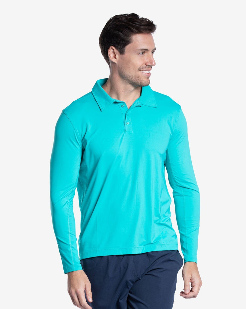 Man wearing long sleeve collared shirt in caribbean blue (Style 12004) - BloqUV