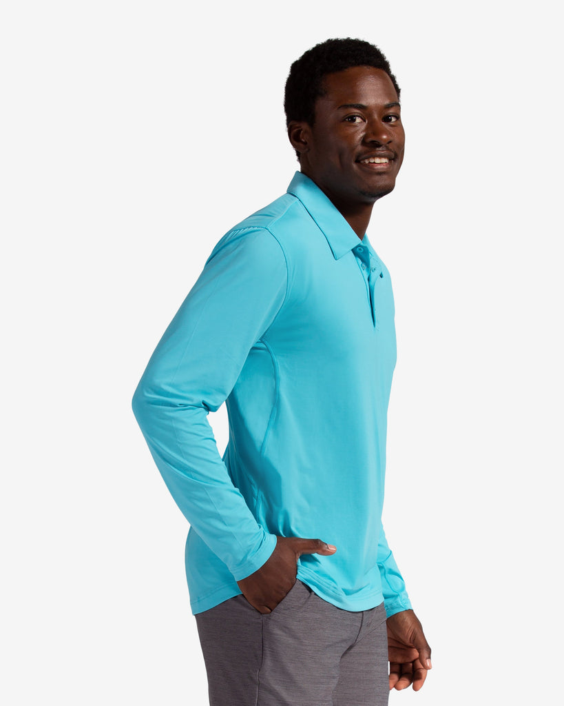 Man wearing long sleeve collared shirt in light turquoise (Style 12004) - BloqUV