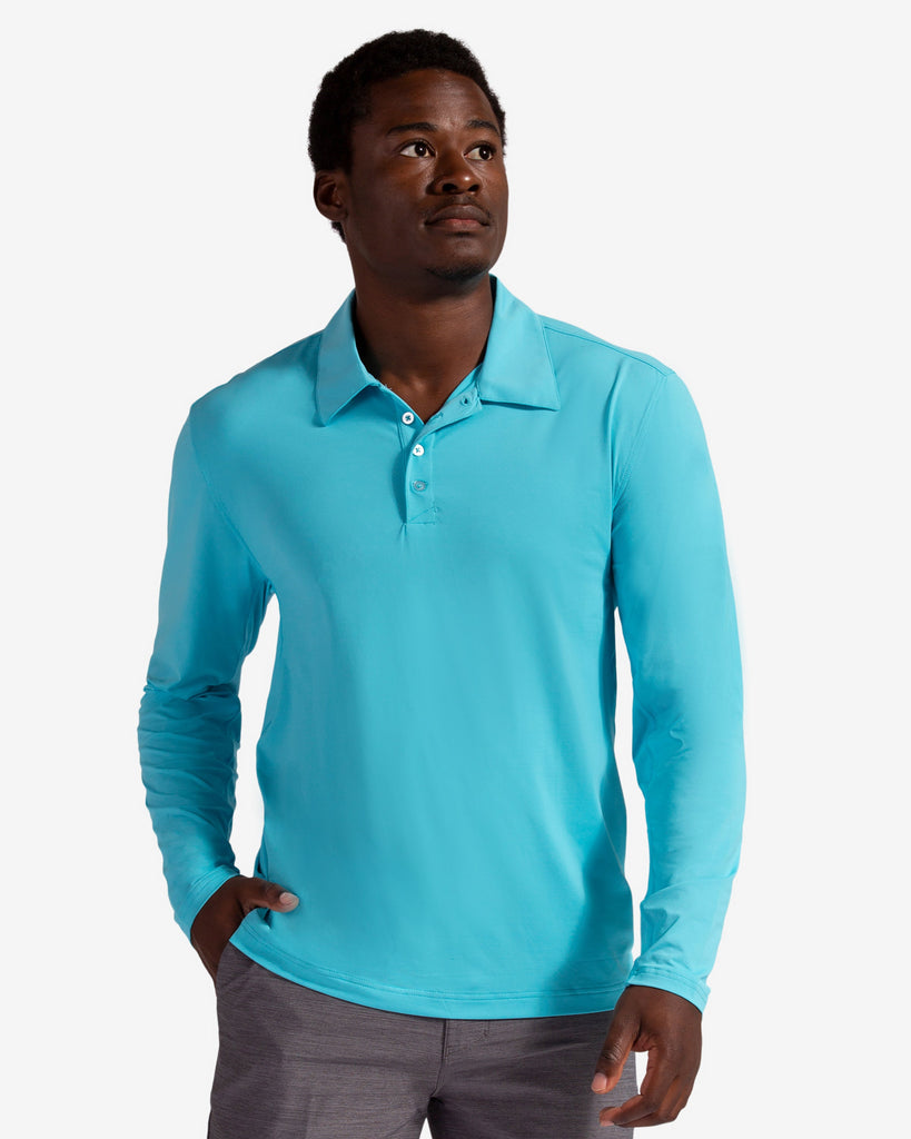 Man wearing long sleeve collared shirt in light turquoise (Style 12004) - BloqUV