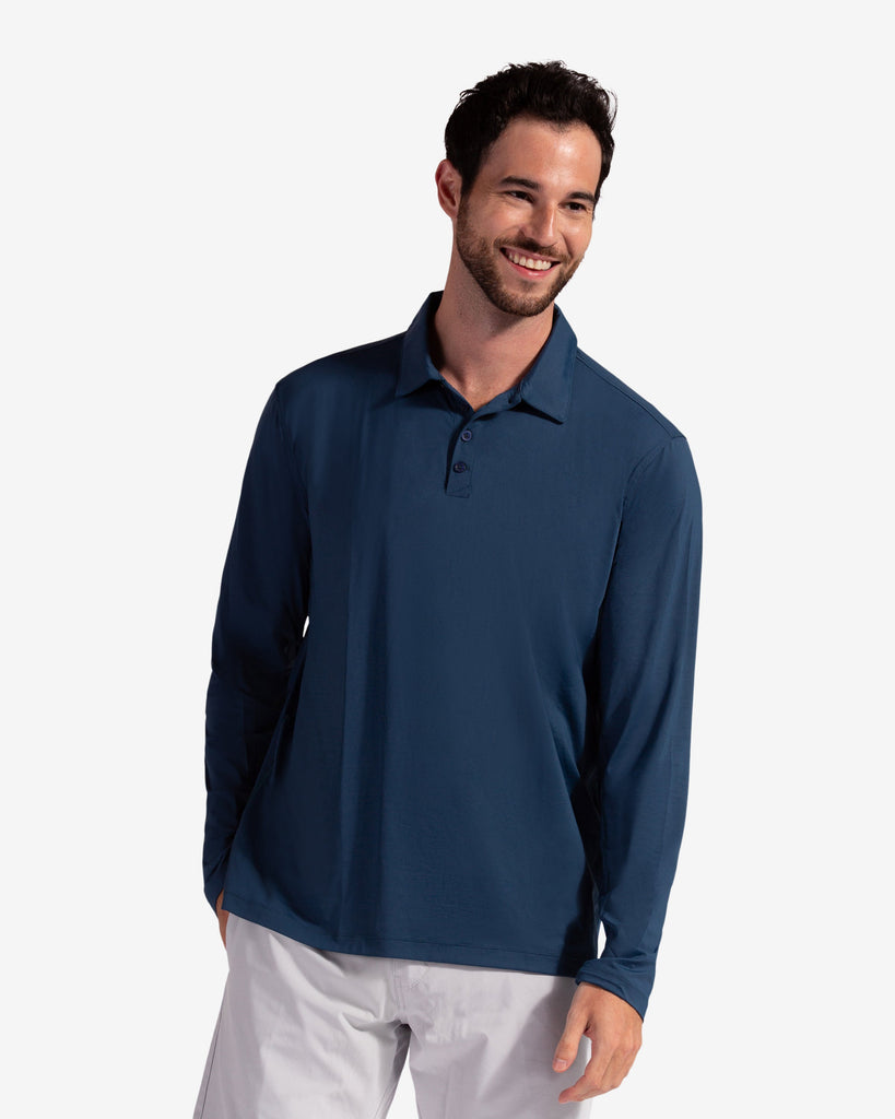 Man wearing long sleeve collared shirt in midnight blue. (Style 12004) - BloqUV
