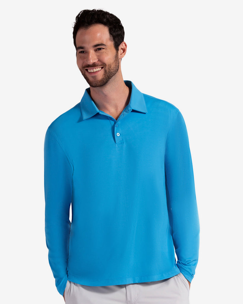 Man wearing long sleeve collared shirt in ocean blue. (Style 12004) - BloqUV