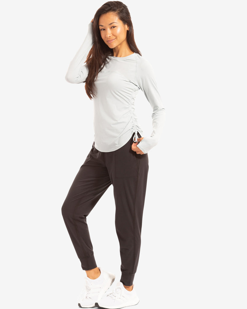 Women wearing soft grey long sleeve drawstring crew with black joggers. (Style 2006) - BloqUV