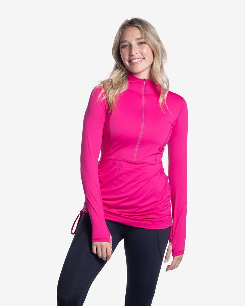 Women wearing passion pink relaxed cover up dress with black tights. (Style 2011) - BloqUV