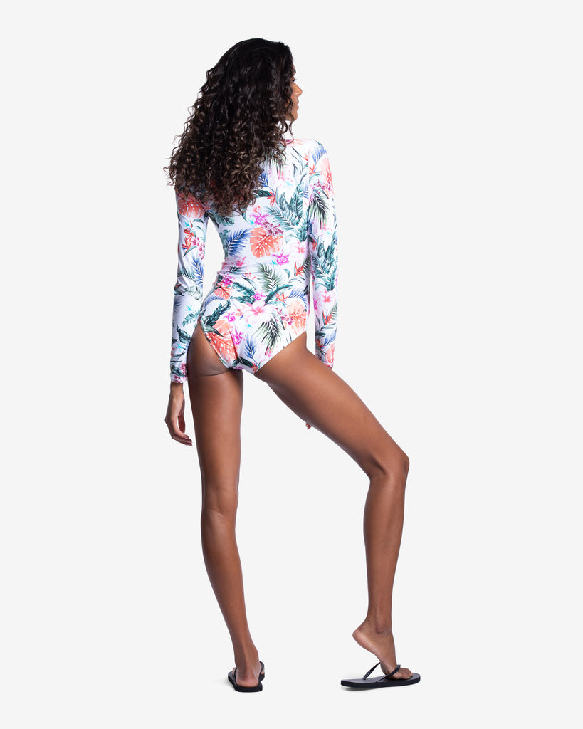 Women wearing Hawaiian Terrace flower print long sleeve paddlesuit with zipper. Picture shows the back. (Style 24350J) - BloqUV