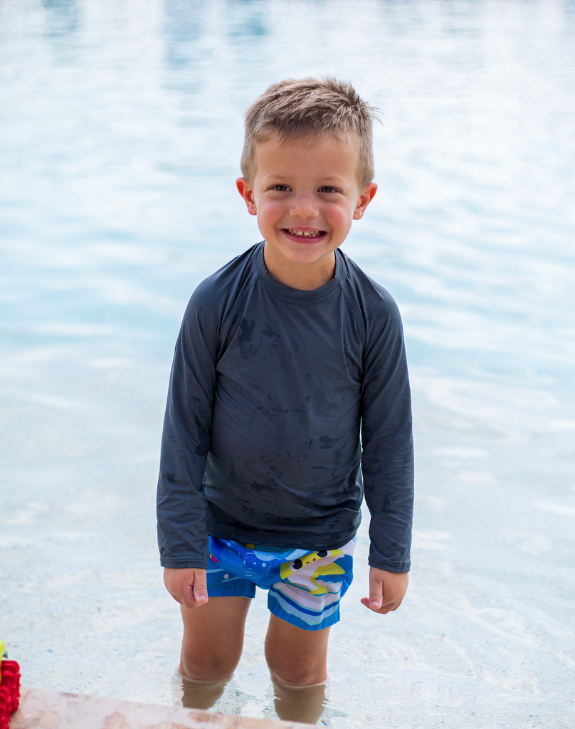 Toddler boy playing at the pool wearing smoke crew neck top. (Style 1005T) - BloqUV