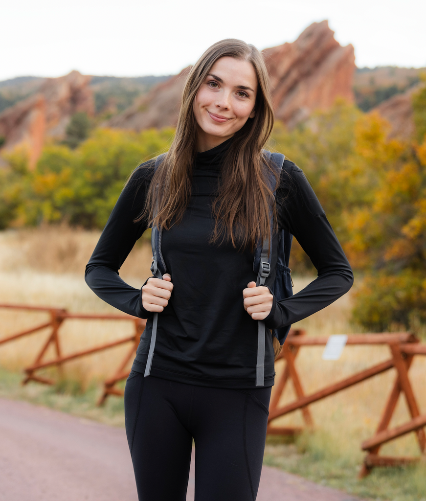 Women hiking wearing black turtle neck top with black tights. (Style 2013) - BloqUV