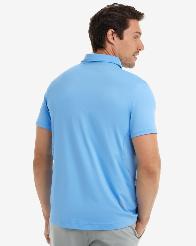 Man wearing short sleeve polo shirt in indigo. (Style 11004) - BloqUV