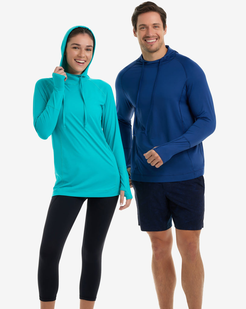 Man and Women wearing caribbean blue and navy color unisex long sleeve hoodie shirt. (Style 12007) - BloqUV