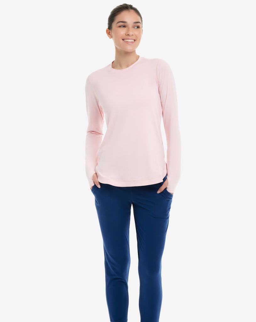 Women wearing tickle me pink relaxed scallop top with navy tights. (Style 2015) - BloqUV