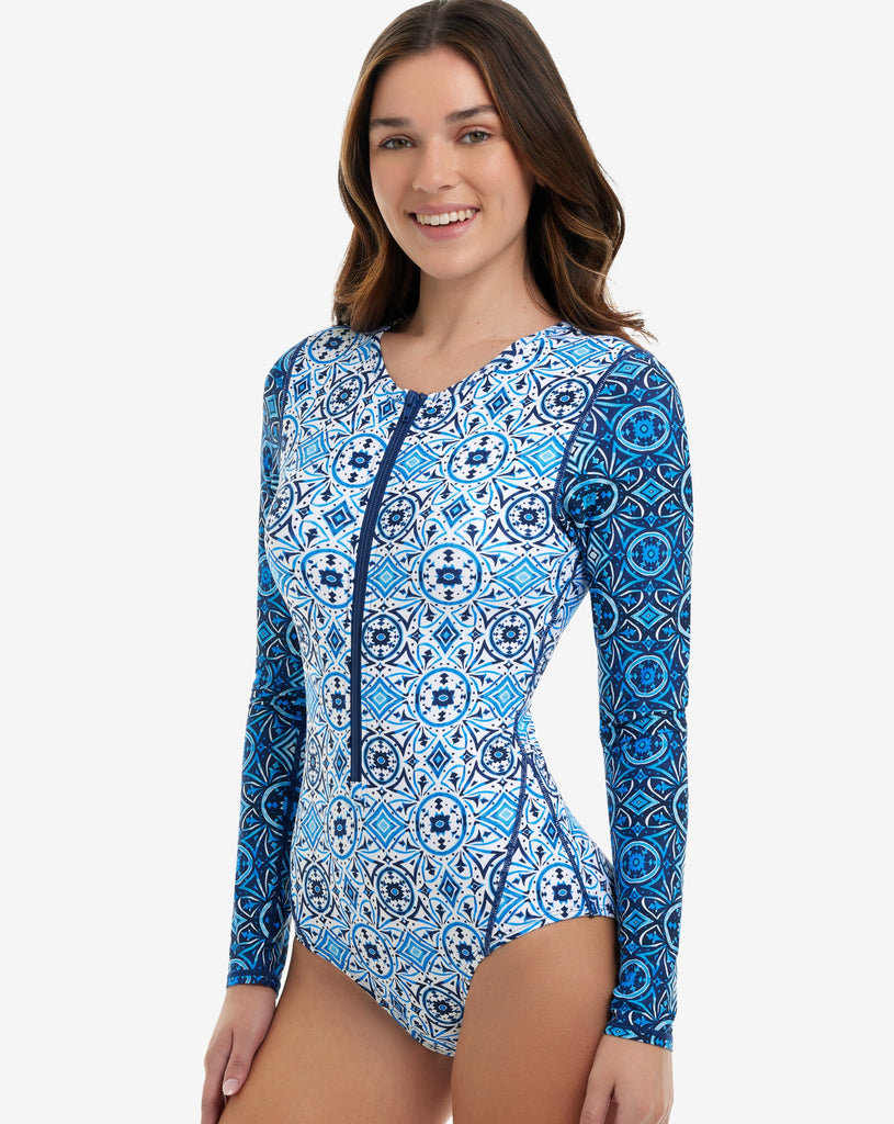 Women wearing moroccan tiles print long sleeve paddlesuit with zipper. (Style 24350J) - BloqUV