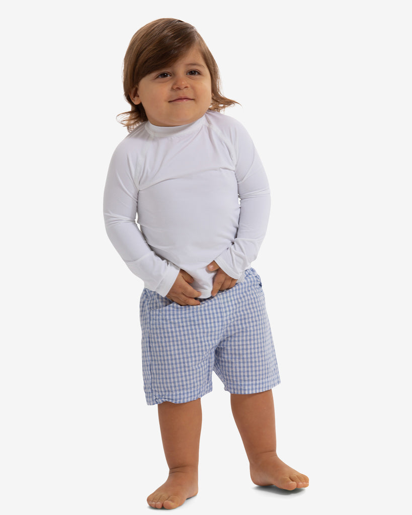 Toddler boy wearing white crew neck top. (Style 1005T) - BloqUV