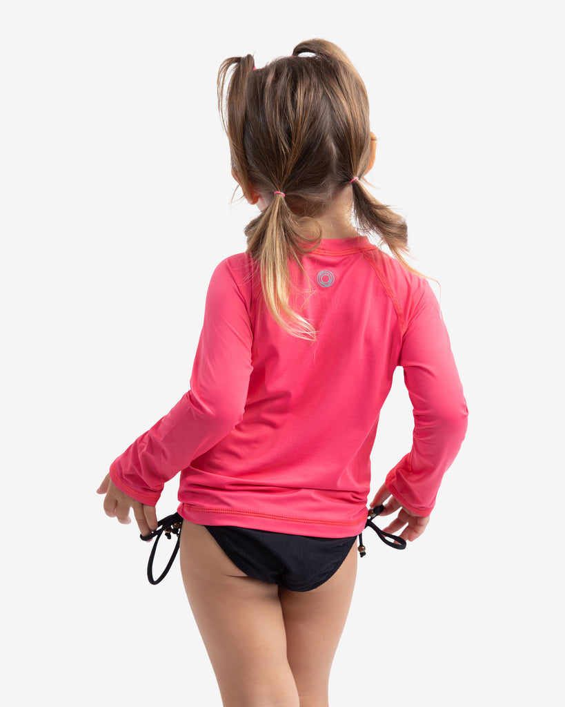 Toddler girl wearing watermelon crew neck top. Back of shirt shown in picture. (Style 1005T) - BloqUV