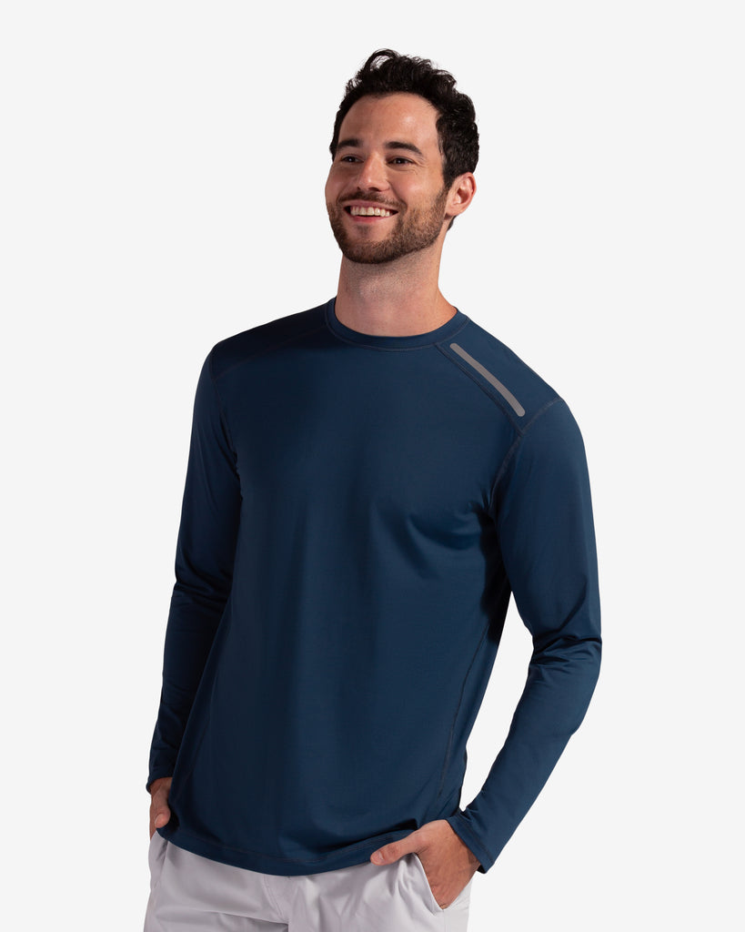 Man wearing long sleeve jet tee shirt in midnight blue. (Style 12002) - BloqUV