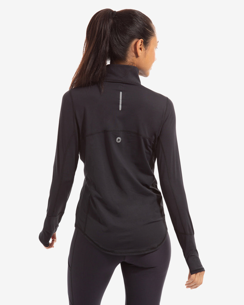 Women wearing black relaxed mock zip top. Picture shows back of shirt.  (Style 3002) - BloqUV