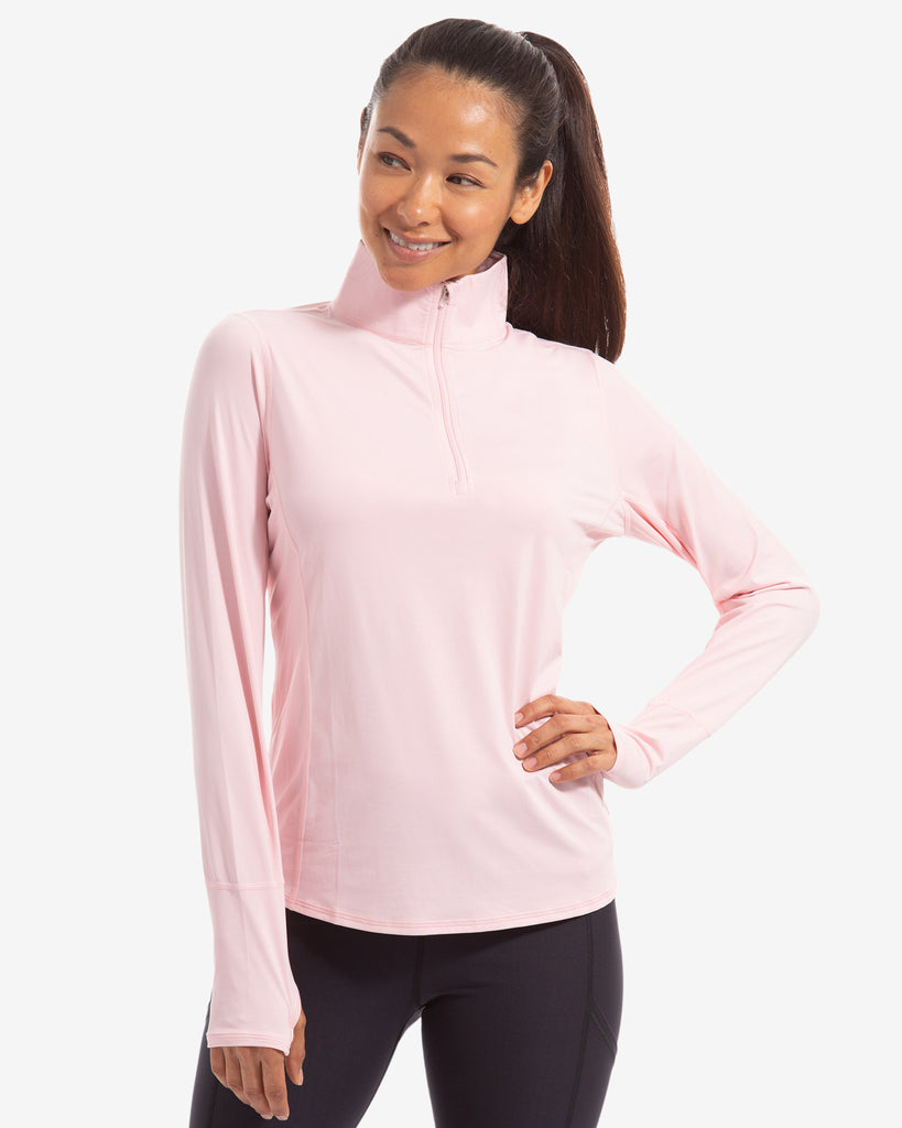 Women wearing tickle me pink relaxed mock zip top.  (Style 3002) - BloqUV