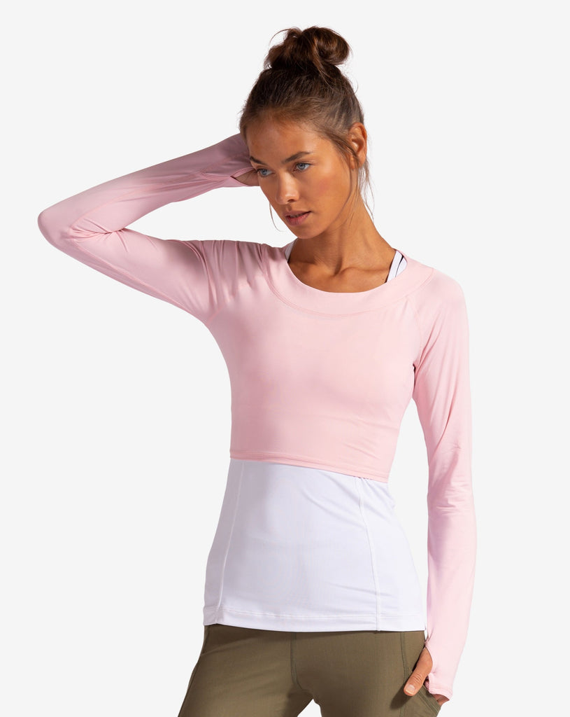 Women wearing tickle me pink crop top and white tank underneath. (Style 4001) - BloqUV