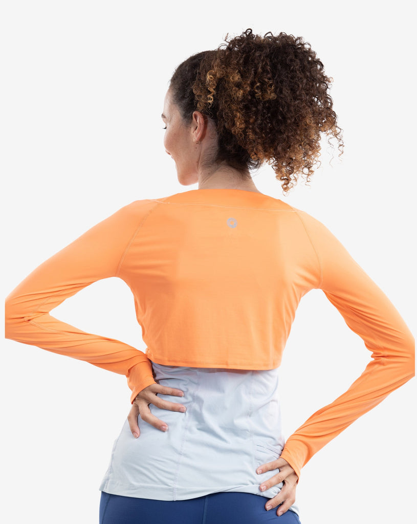 Women wearing tangerine crop top and soft grey tank underneath. (Style 4001) - BloqUV