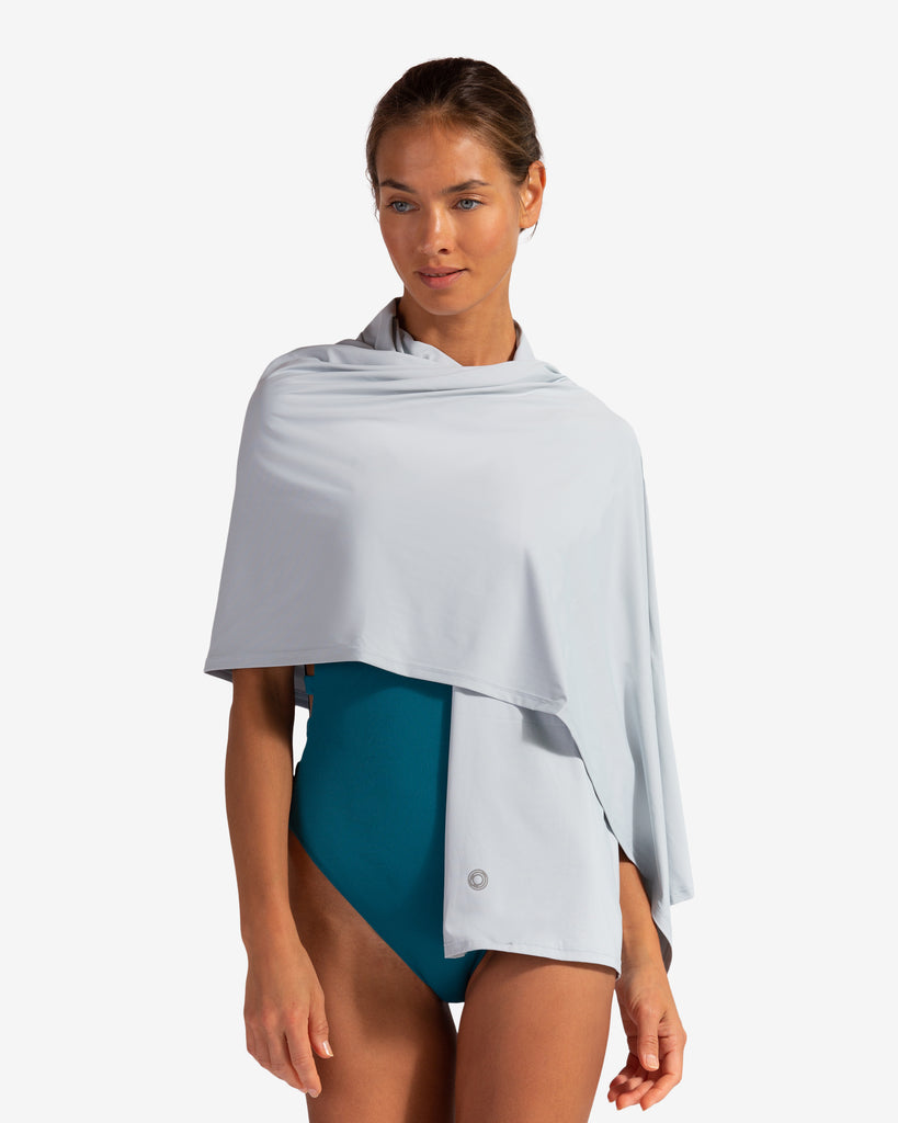Women wearing soft grey blanket wrap around her shoulders (Style 5000) - BloqUV