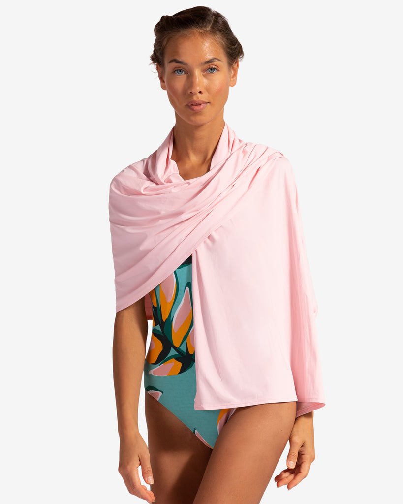 Women wearing tickle me pink blanket wrap around her shoulders (Style 5000) - BloqUV