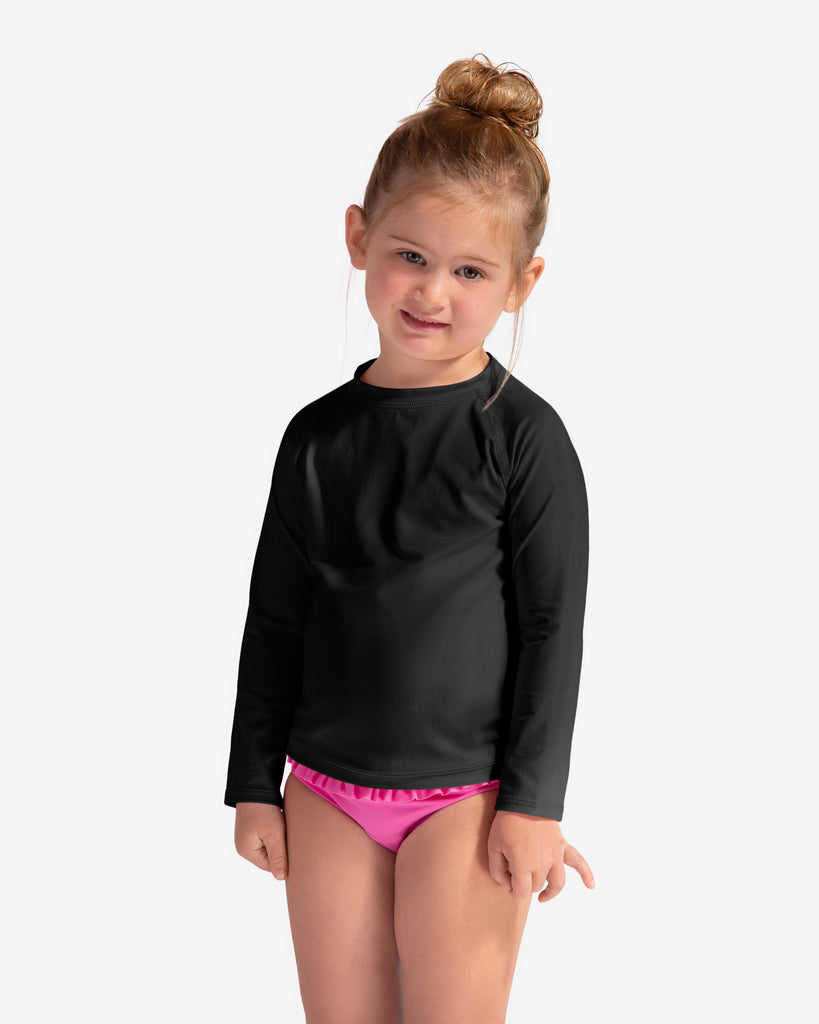 Toddler girl wearing black crew neck top. (Style 1005T) - BloqUV