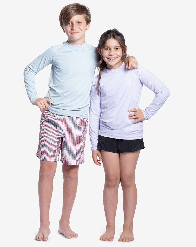 Boy wearing soft grey color top and girl wearing lavender color top. (Style 1005K) - BloqUV