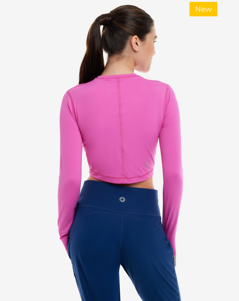 Women wearing bubble gum everyday crop top with navy joggers bottom. (Style 4015) - BloqUV