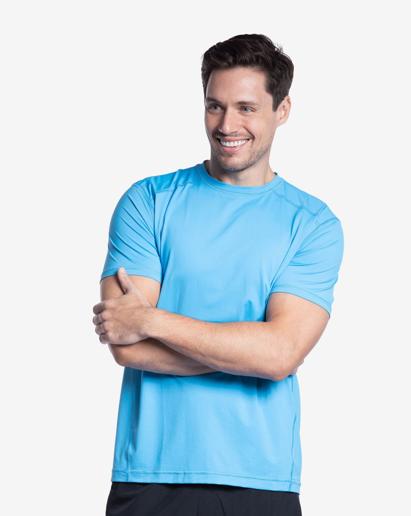 Man wearing short sleeve crew shirt in ocean blue. (Style 11002) - BloqUV