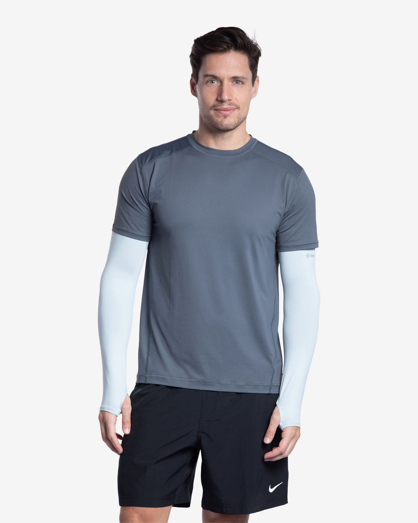 Man wearing soft grey color unisex sleeves with short sleeve smoke jet tee. (Style 5005) - BloqUV