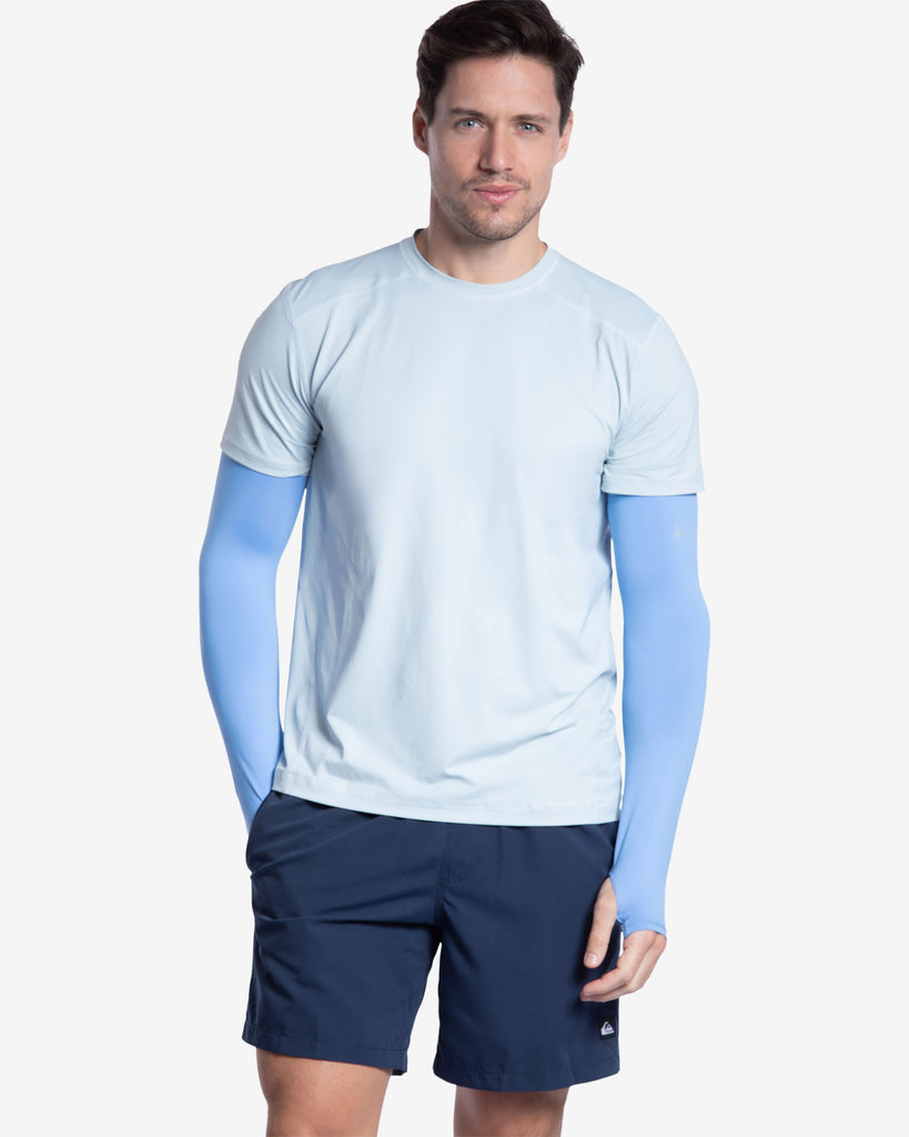 Man wearing short sleeve crew shirt in soft grey with sun protective sleeves in indigo. (Style 11002) - BloqUV