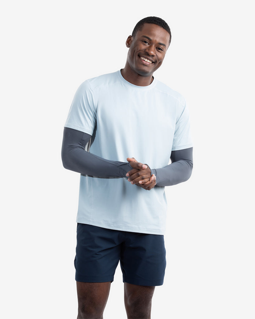 Man wearing smoke color unisex sleeves with short sleeve soft grey crew shirt. (Style 5005) - BloqUV