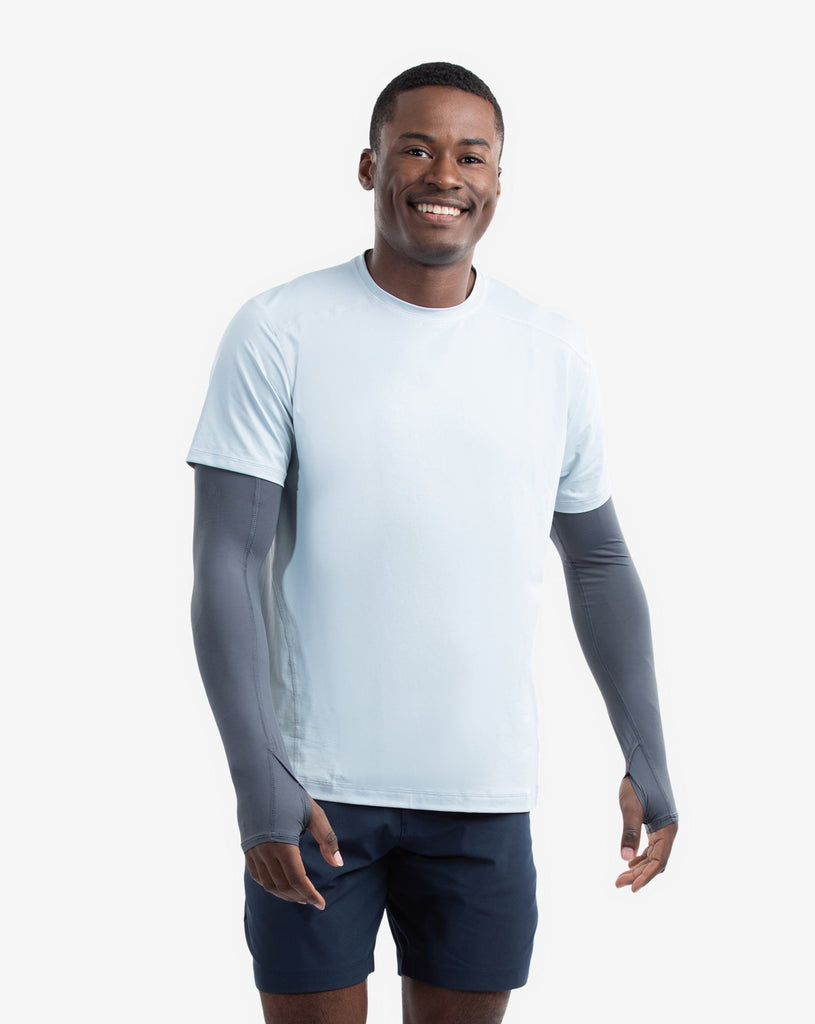 Man wearing smoke color unisex sleeves with short sleeve soft grey crew shirt. (Style 5005) - BloqUV