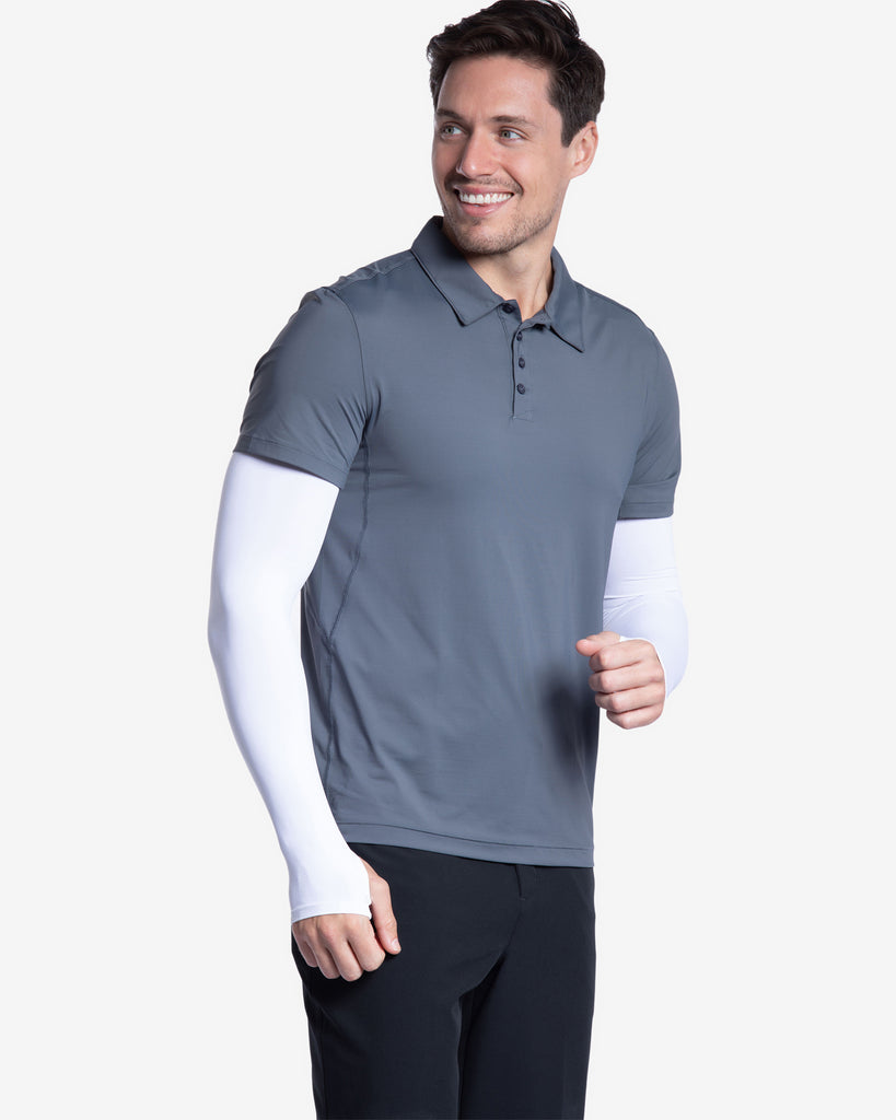 Man wearing white color unisex sleeves with short sleeve smoke polo shirt. (Style 5005) - BloqUV