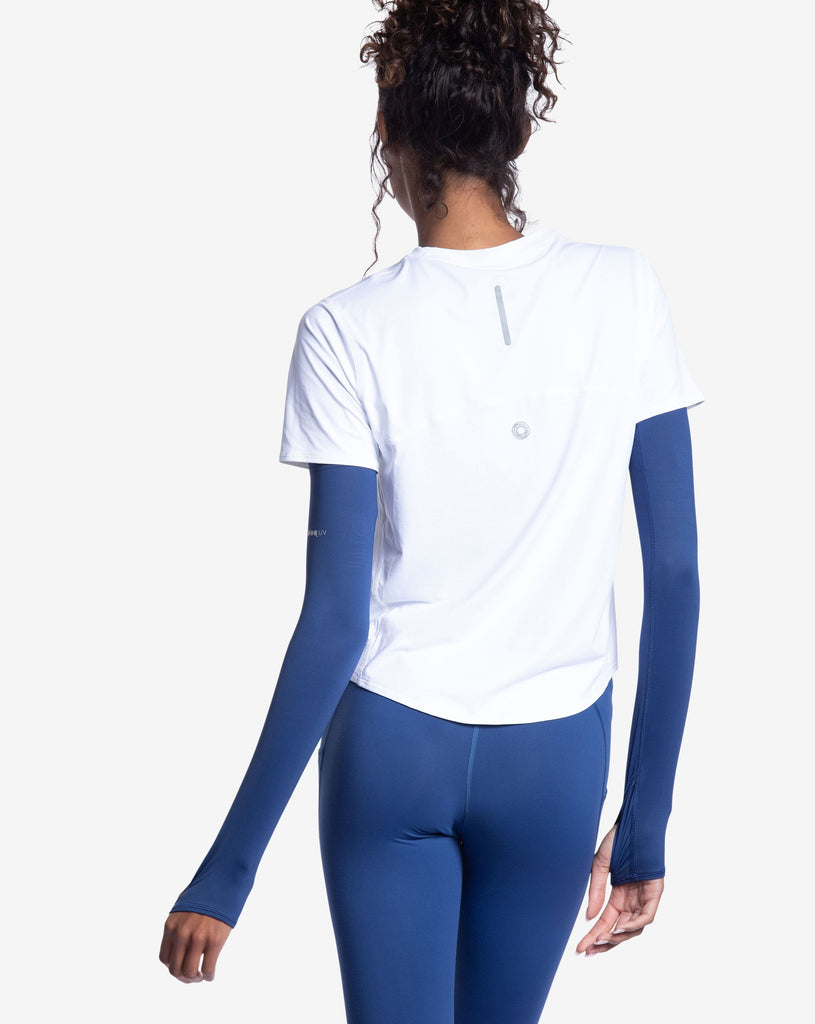 Women wearing navy color unisex sleeves with short sleeve white crew shirt. Back of sleeves shown. (Style 5005) - BloqUV