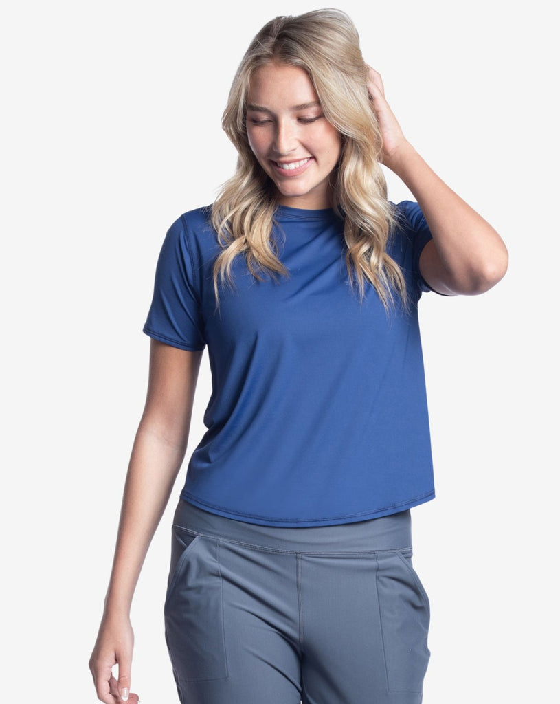Women wearing navy short sleeve crew top and smoke joggers tights.  (Style 1101) - BloqUV