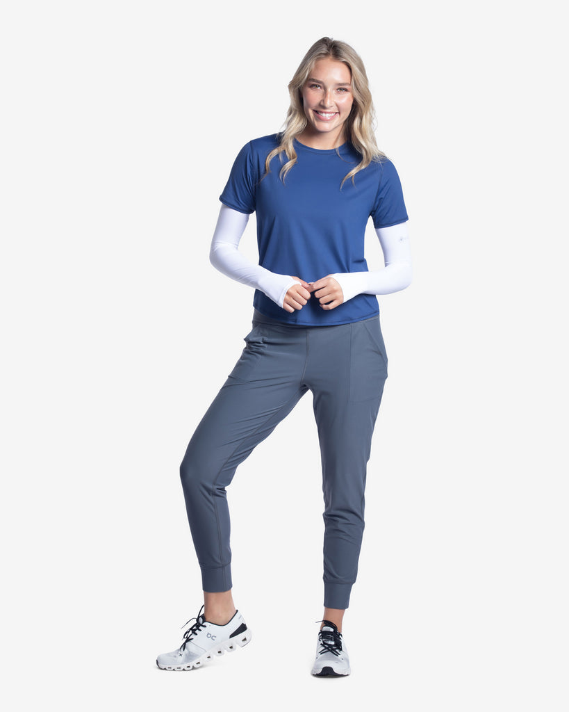Women wearing white color unisex sleeves with short sleeve navy crew. (Style 5005) - BloqUV