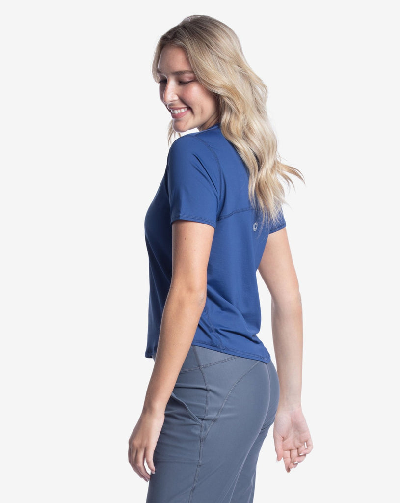 Women wearing navy short sleeve crew top and smoke joggers tights. (Style 1101) - BloqUV