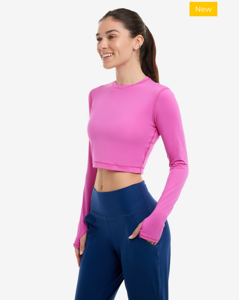 Women wearing bubble gum everyday crop top with navy joggers bottom. (Style 4015) - BloqUV
