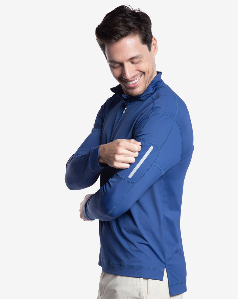 Man wearing long sleeve mock zip shirt in navy blue (Style 12001) - BloqUV