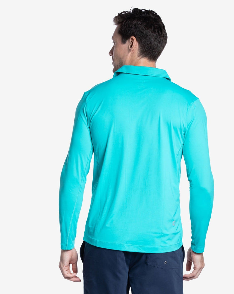 Man wearing long sleeve collared shirt in caribbean blue  back view (Style 12004) - BloqUV