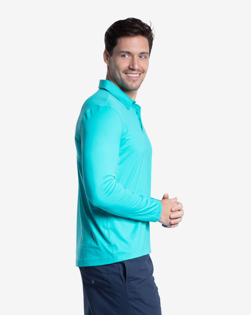Man wearing long sleeve collared shirt in caribbean blue  - side view (Style 12004) - BloqUV