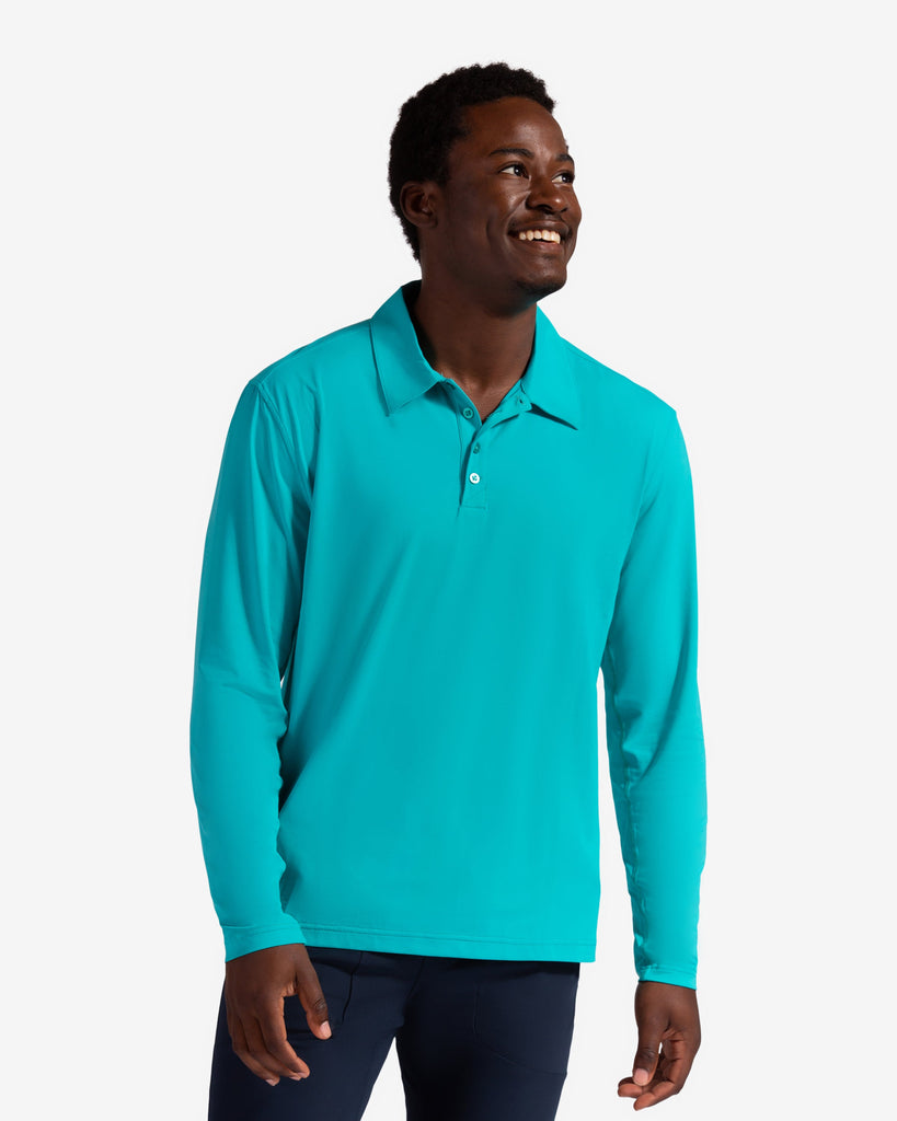 Man wearing long sleeve collared shirt in caribbean blue. (Style 12004) - BloqUV