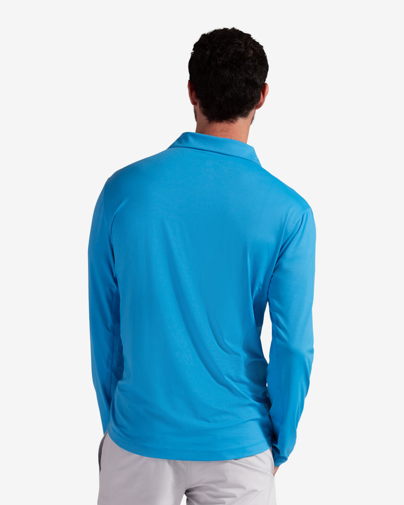 Man wearing long sleeve collared shirt in ocean blue back view (Style 12004) - BloqUV
