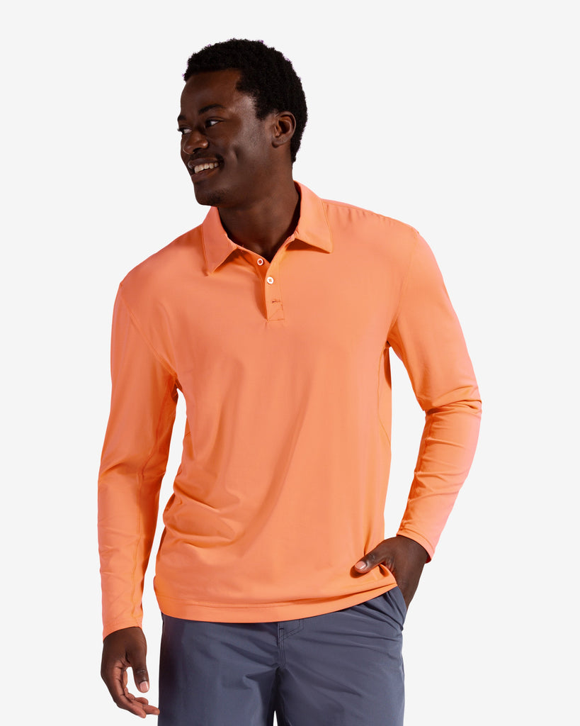 Man wearing long sleeve collared shirt in tangerine. (Style 12004) - BloqUV