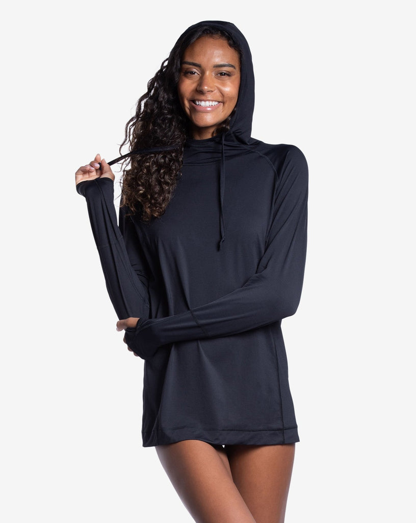 Women wearing black color unisex long sleeve hoodie shirt. (Style 12007) - BloqUV