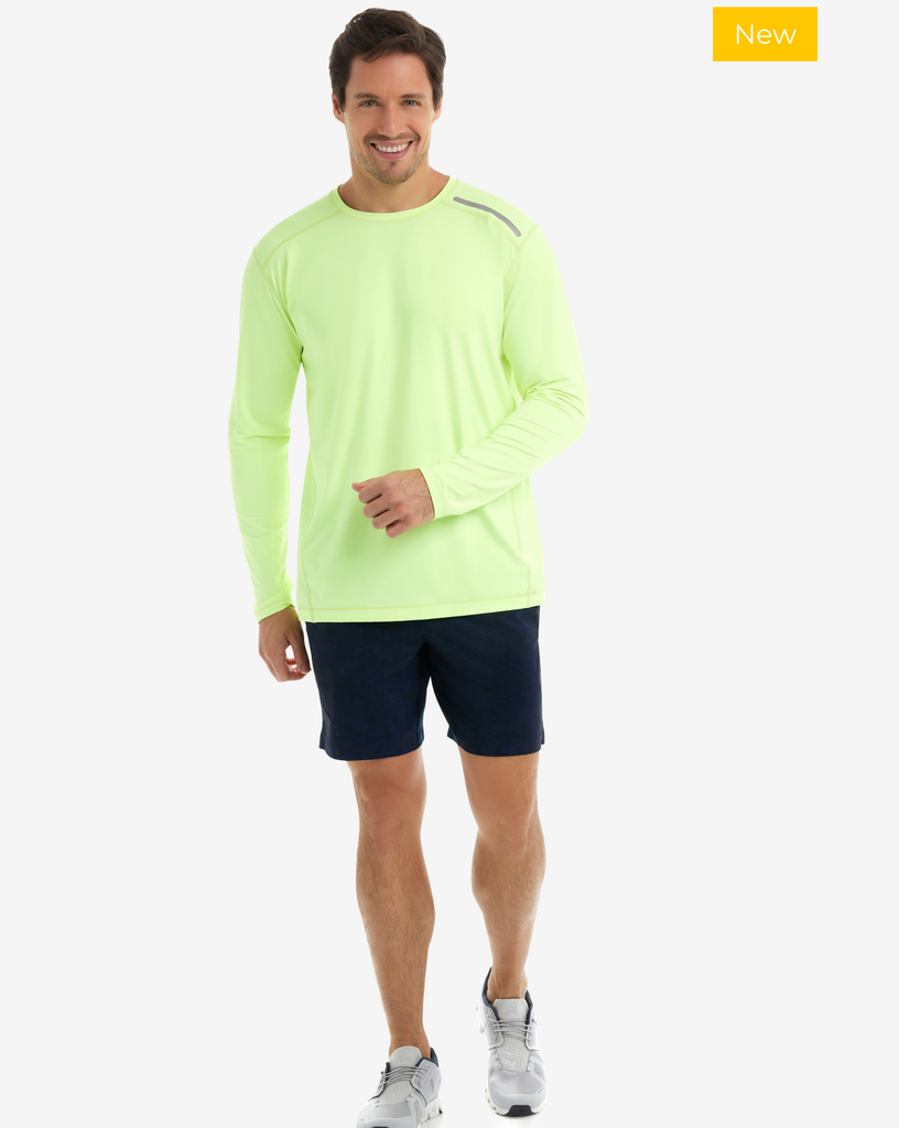 Man wearing long sleeve jet tee shirt in neon yellow. (Style 12002) - BloqUV